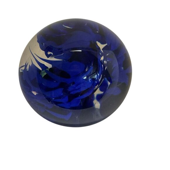 Cobalt Blue Striped Swirl Gold Flaked Glass Paperweight Bubbles - Artist Signed - Picture 4 of 14